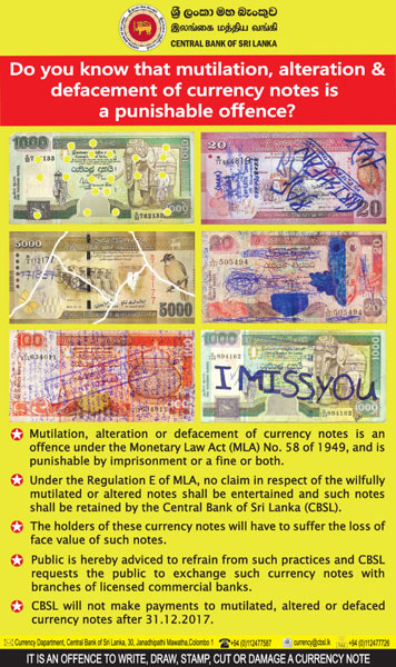 Daily Mirror Cbsl To Not Accept Defaced Currency Notes From December The Cbsl Advised Public To Refrain From Such Practices And Requested Exchange Currency Notes With Branches Of Licensed Commercial